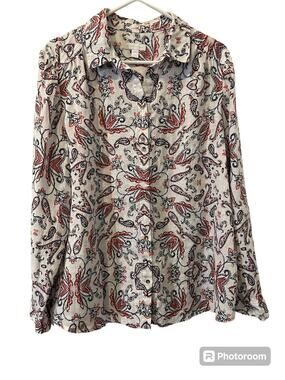 Charter Club Luxury 100% Linen Women’s XL Blouse White Paisley Button Front Top